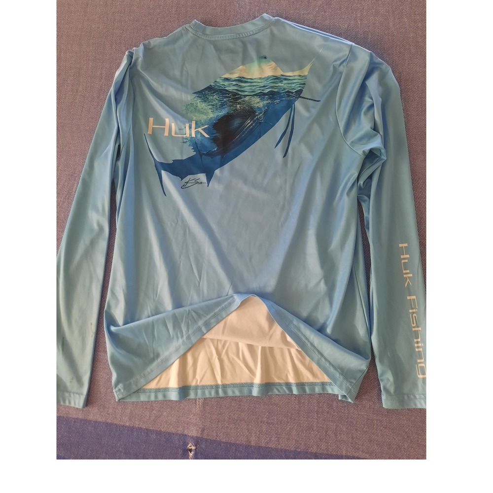 Huk Men Performance Fishing Shirt Long Sleeve Blue Size Medium UPF Sun Shirt SEE